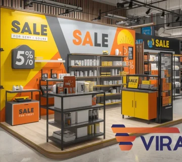 استند تخفیف فروشگاهی با طراحی مدرن و رنگ‌های زرد و نارنجی