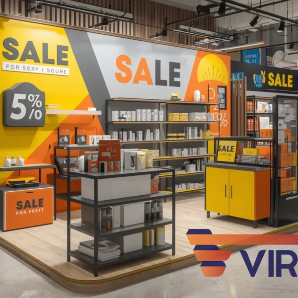 استند تخفیف فروشگاهی با طراحی مدرن و رنگ‌های زرد و نارنجی