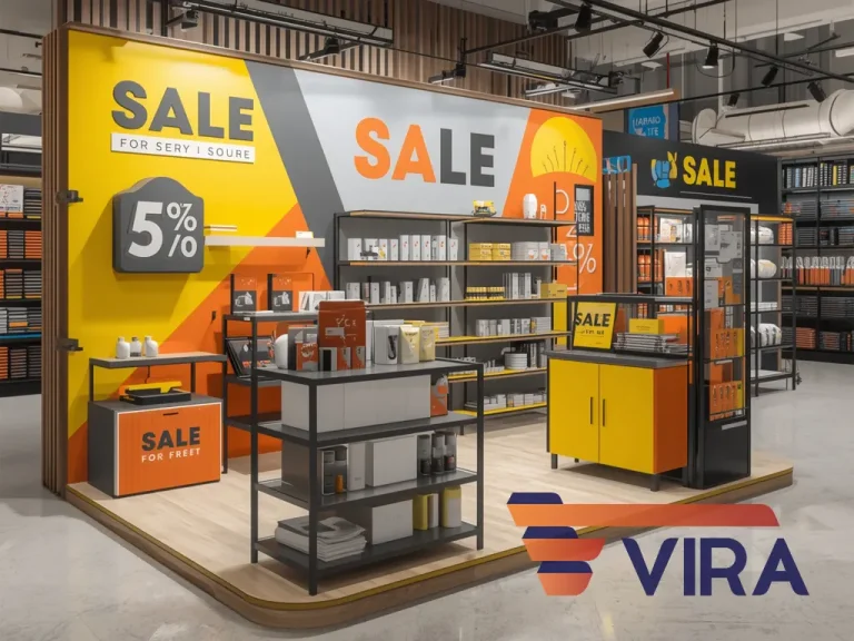 استند تخفیف فروشگاهی با طراحی مدرن و رنگ‌های زرد و نارنجی