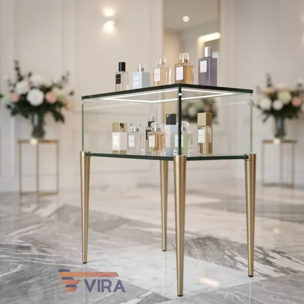 استند شیشه‌ای مدرن در فروشگاه لوکس